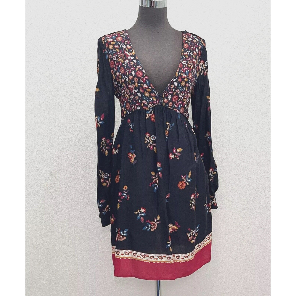 Sezane Daphne Dress Women EU 40 US 8 Blue Floral Pullover Long Sleeve Deep V